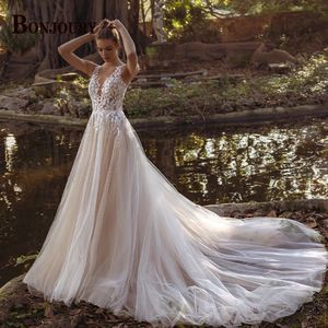 BONJOURY Pastrol robe De mariée col en v réservoir sans manches pour les femmes robes De mariée De Noiva sur mesure Appliques formelle 240314