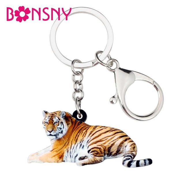 Bonsny Acrylique Élégant Jungle Tigre Porte-clés Porte-clés Anneaux Animal Sauvage Bijoux Pour Femmes Filles Sac À Main Bourse Charmes Pendentif G1019