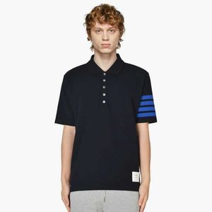 Bonzero Yarn-dyed Ribbon Blue Four Bar Polo Shirt Hommes et femmes à la mode New Casual Short Sleeve