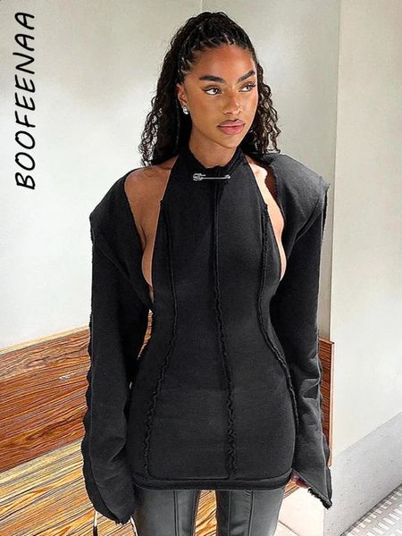 Boofeenaa Black 2 pièces Costumes pour femmes Cardigan à manches longues et mini-robes de tenue de tenue de club sexy