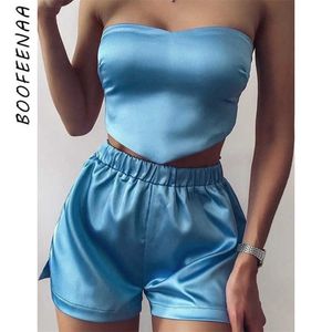 BOOFEENAA Short en satin bleu avec haut court 2 pièces ensembles tenues d'été sexy pour femmes 2021 Loungewear articles en gros C85-CB13 Y0719