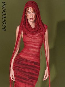 BOOFEENAA Robes longues sans manches à capuche Rouge Noir Voir à travers la robe tricotée Streetwear Y2k Vêtements Tenue sexy Femmes C71-DG31 240311