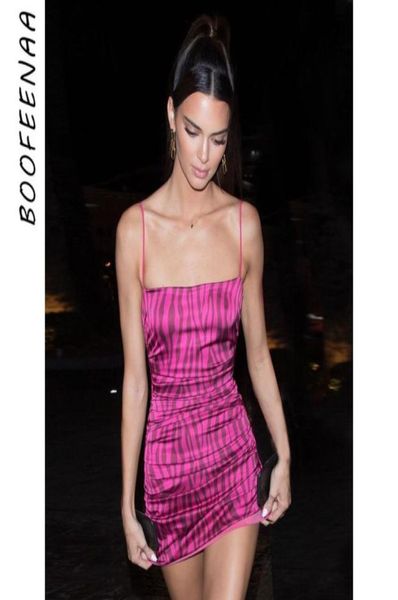 BOOFEENAA Vestido de club sexy con estampado de cebra rosa neón Kendall Jenner Correa de espagueti Mini vestidos Vestido ajustado de verano C15AB11 Y1090161