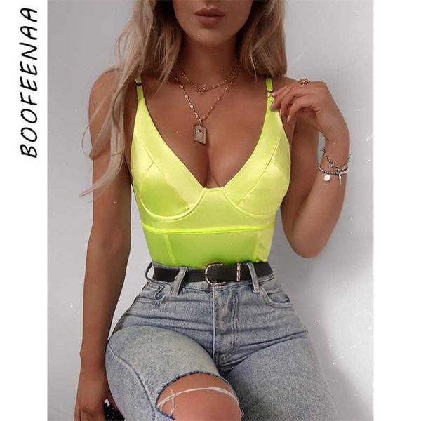 Boofeenaa Body Sexy Jaune Néon Femmes Satin Bustier Top Col En V Profond Dos Nu Moulante Combinaison Clubwear C66-az43 Q190516