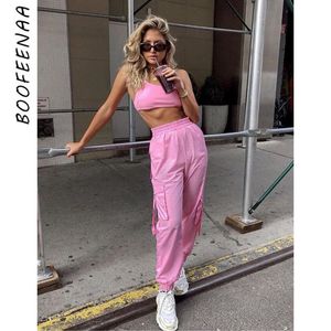 BOOFEENAA Pink Sexy Tweedelige Set Crop Top en Cargo Broek Suits Streetwear Tracksuit Dames Zomer Kleding Matching Sets C68AE64 Y19062601