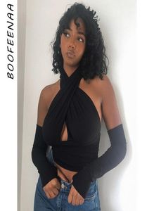 Boofeenaa Sexy Cross Halter Backless Crops Tops femme Street Fashion Black Blue femme Tshirts avec gants printemps 2021 C66BG19 Y0507220746
