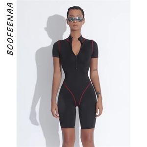 BOOFEENAA Sports Sexy Bodycon Black Romper Vrouwen Korte Mouw One Stuk Jumpsuit Mode Femme Gym Fitness Kleding C87-AA02 T200704