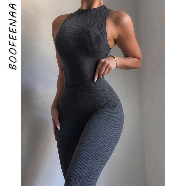 BOOFEENAA Deux Pièces Ensemble Femmes Sexy Rib Knit Body Sans Manches Et Leggings Assortis Ensembles Sport Combinaison Pantalon Costumes C87-DC29 Y0625