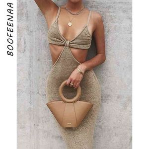 BOOFEENAA vakantie gebreide maxi jurken voor vrouwen zomer elegante sexy party uitgesneden backless bodycon jurk C69-BH27 210325