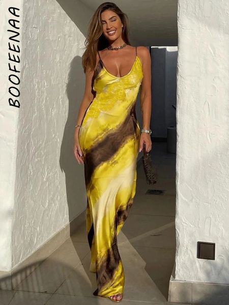 Boofeenaa estampado amarillo vestido satinada de satén sexy vecina larga sin cuello vecino sin cuello para mujeres 2024 Summer Resort Wear C70-EZ18 240419