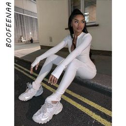 BOOFEENAA fermeture éclair une pièce combinaison femmes Fitness sport tenues Sexy noir blanc à manches longues moulante combinaisons C87-AC76 Y200422254E