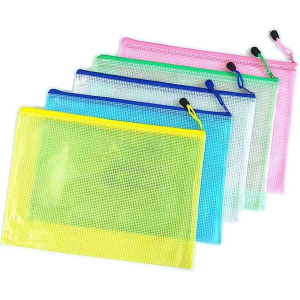 Couverture de livre en gros en maille zipper de document de document de document Taille de lettre / a4 taille de fichiers zip enveloppes en plastique étanche pour l'école Office Otvlx