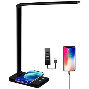 Lámpara de escritorio LED con luces para libros, lámpara de mesa de estudio que cuida los ojos con carga inalámbrica, modos de luz ajustables para oficina, brillo