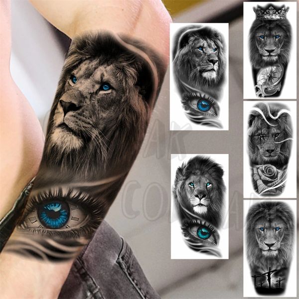 Livres réalistes lion yeux bras tatouages temporaires pour femmes hommes adultes lion boussole croix croix faux tatouage 3D autocollant de tatouage imperméable