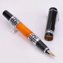 Worworm 675 Black-Orange Silver Flower Amber Celluloid Bent Nib Fountain Pen School Supplies Calligraphy Pen