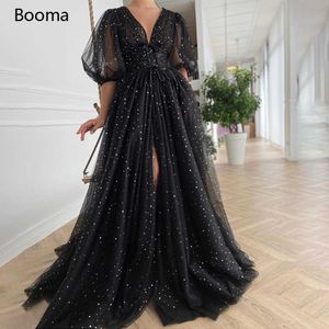 Boom Black Starry Tule Prom Jurken Sparkly V-nek Half Bladerdeeg Mouwen Ruched Wedding Party Jurken Sleuven Lange A-lijn Prom-jurken 210719