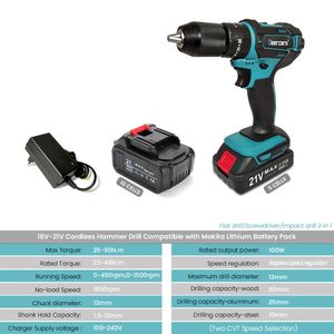 Boormachine Perceuse à percussion sans fil 21 V Tournevis électrique domestique sans fil 13 mm Outils électriques de recharge 3 en un Compatible Batterie au lithium 18 V