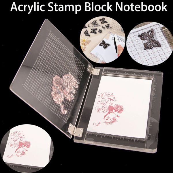 Boormachine Bloque de sello acrílico tipo cuaderno Juego de herramientas de estampado transparente con líneas de cuadrícula para álbumes de recortes, manualidades, herramienta de posicionamiento para hacer tarjetas