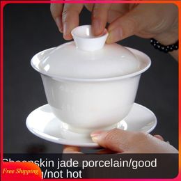 Boormachine-Juego de té chino, elegante taza de té Gaiwan, tazón con tapa, platillo, preparación de té, porcelana blanca, cerámica, cordero, Jade, Kung Fu, tazón de té