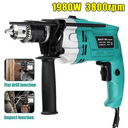 Boormachine Drillpro 3800RPM 1980W 13mm Taladro de impacto eléctrico Taladro plano Martillo rotativo multifunción con llave de escala Barra de mango 220V