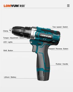 Boormachine LOMVUM 12V 16.8V 20V, vitesse réglable, foret sans fil, tournevis électrique, clé à batterie supplémentaire avec boîte en plastique, outil électrique