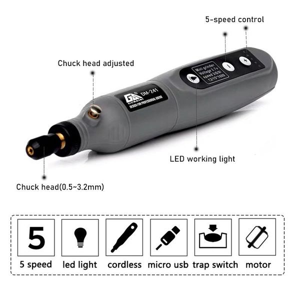 Boormachine Mini ensemble de meuleuse électrique, perceuse sans fil, outil rotatif, stylo de sculpture sur bois pour fraisage, gravure, chargeur USB 3.6V, lampe de travail LED