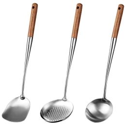 Boormachine Wok spatule et louche, ensemble d'outils pour louche d'écumoire, spatule de 17 pouces pour Wok, spatule de Wok en acier inoxydable 304