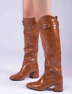 Bootmerk herfst winterjurk schoenen vrouwen knie high laarzen mode krokodil patroon microfiber catwalk hakken vrouw 221223