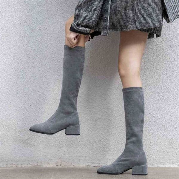 Boot marque genou haute femmes chaussures talons carrés noir gris daim Stretch élastique filles dames automne hiver femme 1211