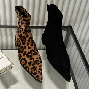 Bottes mi-talons chaussures daim bout pointu Chelsea hiver 2023 Sexy léopard grosse cheville pompes robe marche Botas 231214