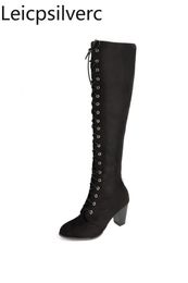 Boot's Boots Herfst and Winter Fashion Comfortabel veelzijdige kneehigh crosstied vierkante hak hoog 75 cm plus size3443 230818