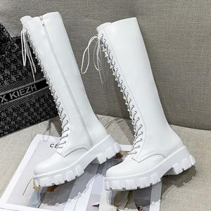 Bottes longues et hautes en cuir PU blanc pour femme, mode à lacets, plateforme, cuisses, taille 43, 231116