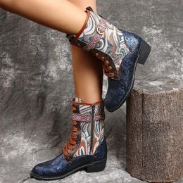 Bottes d'hiver de bottes en relief motif d'épissage bottes mi-mollet ethnique antidérapantes à lacets chaud en peluche femmes chaussures plates bottes courtes 231019