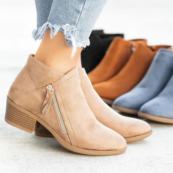 Botte bottes courtes en daim bout pointu cheville hiver léopard chaussures à talons bas fermeture éclair latérale Chelsea femme chaussons Botas De Mujer 230920