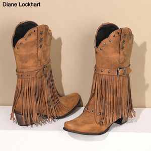 Boot Vintage ethnique Western Cowboy Rivets 5 cm bloc talon botte gland frange chaussons dame hiver gladiateur chaussures livraison gratuite 231120