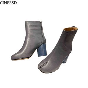 Botte femmes cuir de vache/peau de mouton bout fendu cheville Ninja Tabi bottes réel 8cm talons ronds hauts Mm6 véritable chaussures 220310