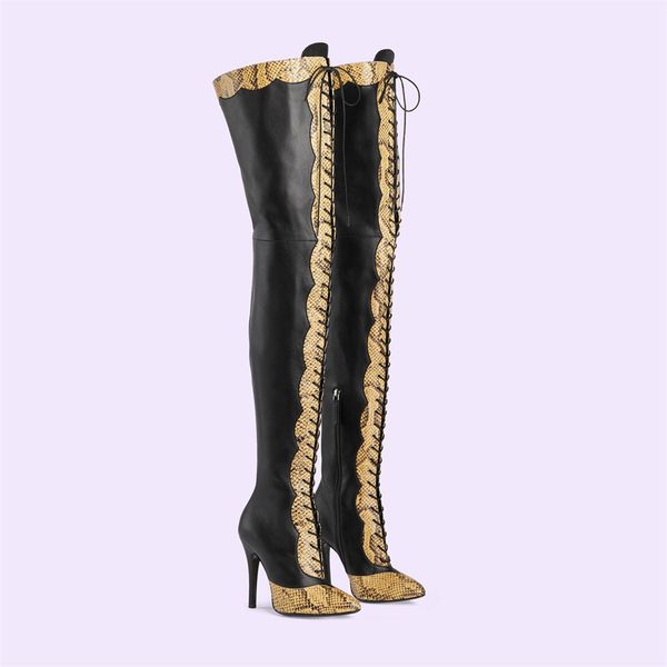 Bottises Martin Lady 2024 Le cuir STILETTO Talons hauts Long Boot Mélange Boots Boots Femmes Fémires Chaussures Chaussures Cross-Tied Toes Chaussures à lacets à lacets 36146