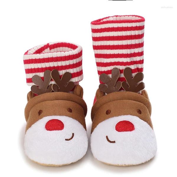 Bottes 0-18M bébé chaussons de Noël rayure imprimé motif de cerf doux anti-dérapant chaussures de berceau né infantile automne hiver chaussette