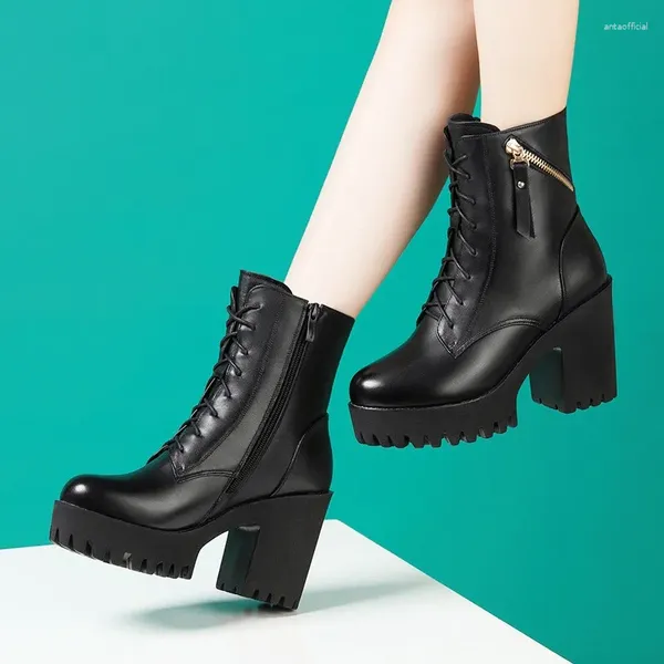 Botas 10 cm Tamaño grande 32-43 Invierno Cuero genuino Mujer Zapatos de plataforma con piel 2023 Bloque Tacones altos Tobillo Modelo de oficina