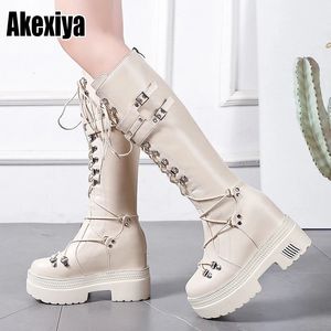 Bottes 10cm Talon Moto Noir Genou Haute Punk Cosplay Mode Goth Wedges Plate-Forme Talons Boot Chaussures 231204