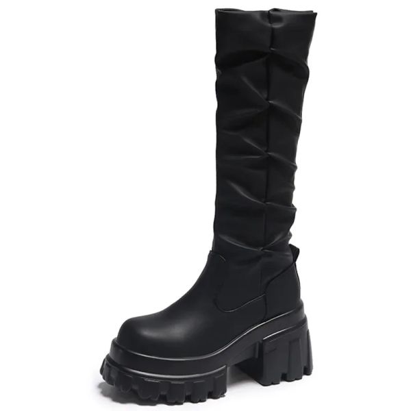 Botas de 10 cm tacones de cuero plisado botas altas de las mujeres