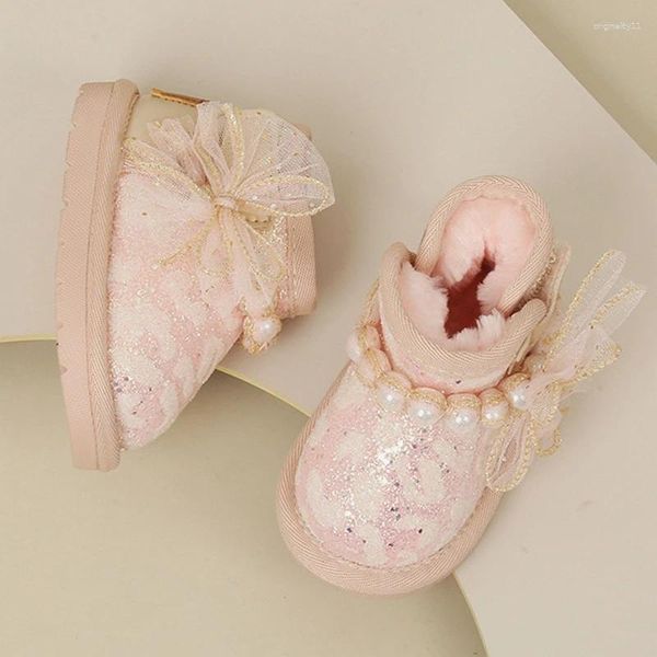 Botas 12-16 cm Bling Baby Girls Snow con cordón de cuentas con lentejuelas Tobillo cálido Felpa gruesa para la pequeña princesa Invierno
