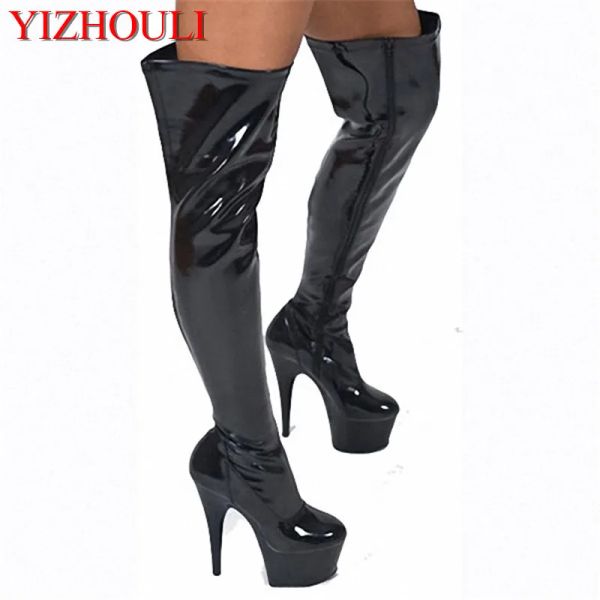 Bottes 15 cm High Talon Bottes hautes pour femmes Bottes de moto à glissière Hands High Talon Chaussures Sexy Sexy Pole Dancing Bot