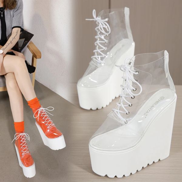 Botas de 16 cm Tacones Super High Women Spring Platform Cuedas PVC Botas de tobillo transparente