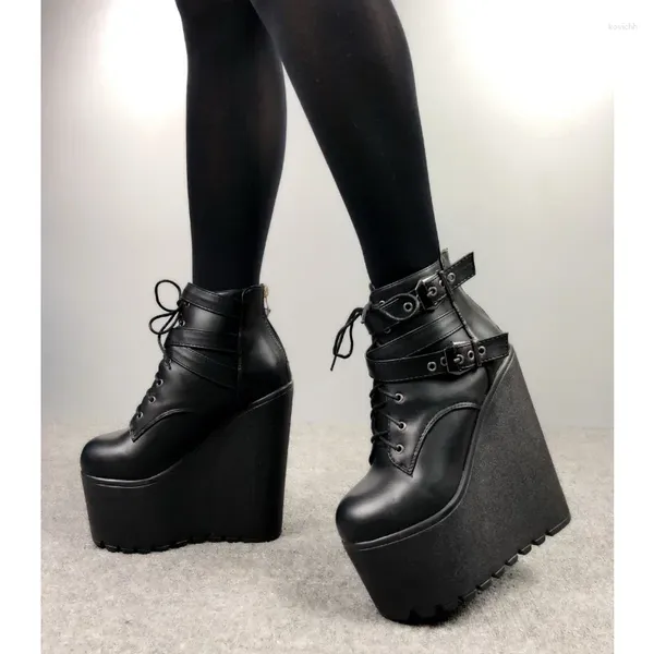 Botas 16 cm Cuñas Tobillo Blanco Negro Suela de goma Zapatos Plataforma Mujeres Cordones Tacones de otoño Tacón