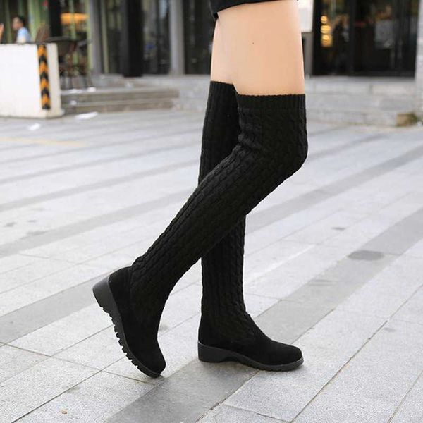 Bottes 2021 automne hiver bottes cuissardes pour femme chaussures tricot laine longue botte femmes marron/noir botte dames chaussures AA230412