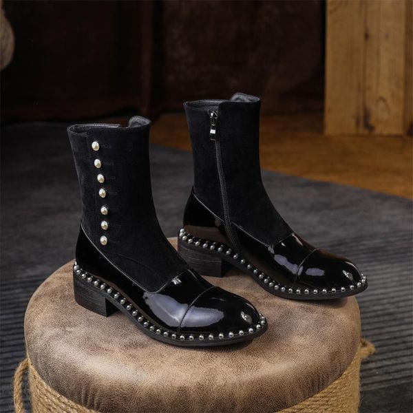 Botas 2021 otoño invierno moda tela de cuero corta mujer bellamente decorado 4 cm de tacón alto tacón alto botines de punta de punta