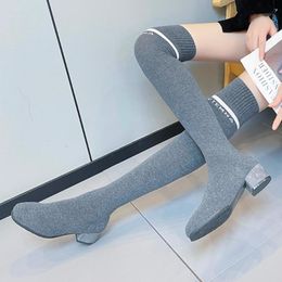 Bottes 2021 mode cuisse haute femmes mince Stretch tissu chaussette strass talons épais chaussures sur le genou longue botte