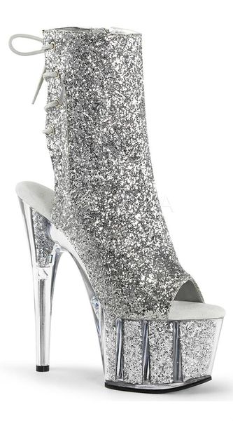 Botas 2021 Bling Bling de alta calidad Plataforma de sandalia tacón de tacón para mujer Bota corta femenina Peep Toe Shoes Silver