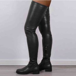 Boots 2021 Bas talons rouges noirs femmes cuisses hautes stretch chaussures décontractées automne hiver cuir punet sur le genou femelle 220901
